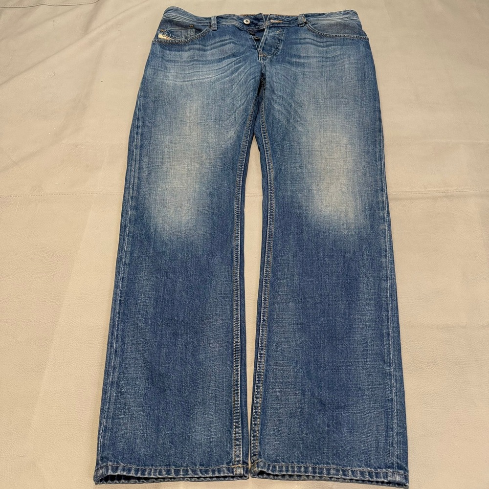 Diesel Waykee Men Blue Denim Straight Leg Jean Button Fly Faded Wash 34x30-7392